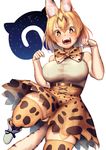  :d animal_ears ass_visible_through_thighs bare_shoulders belt blonde_hair bow bowtie breasts brown_eyes elbow_gloves gloves japari_symbol kemono_friends large_breasts open_mouth paw_pose serval_(kemono_friends) serval_ears serval_print serval_tail skindentation smile solo striped_tail tail thighhighs yana_(nekoarashi) 
