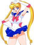  1girl 90s :d arm arm_up armpits bare_legs bare_shoulders bishoujo_senshi_sailor_moon blonde_hair blue_eyes breasts cameltoe choker double_bun earrings erect_nipples hair_ornament hand_on_hip jewelry large_breasts legs long_hair navel necklace open_mouth pixel_art ribbon sailor_moon school_uniform simple_background smile solo standing thong tiara tsukino_usagi twintails v very_long_hair warner white_background 