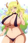  ;d afuro areola_slip areolae arm_up ass_visible_through_thighs bikini black_bikini blonde_hair blush breasts choker collarbone cropped_legs dragon_horns floral_background gradient_hair groin half-closed_eyes hips horns kobayashi-san_chi_no_maidragon large_breasts long_hair multicolored_hair navel one_eye_closed open_mouth quetzalcoatl_(maidragon) shiny shiny_skin sling_bikini_top slit_pupils smile solo standing stomach swimsuit thighs two-tone_hair yellow_eyes 