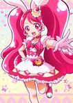  :d animal_ears bow bunny_ears cake_hair_ornament choker cowboy_shot cure_whip earrings extra_ears food_themed_hair_ornament gloves hair_ornament hand_on_hip hanzou happy highres jewelry kirakira_precure_a_la_mode long_hair looking_at_viewer magical_girl open_mouth outstretched_hand pink_bow pink_choker pink_eyes pink_footwear pink_hair precure shoes skirt smile solo standing standing_on_one_leg star twintails usami_ichika white_gloves 