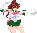  1girl 90s :d arm arm_up armpits bare_legs bare_shoulders bishoujo_senshi_sailor_moon breasts brown_hair cameltoe choker double_bun earrings erect_nipples green_eyes hair_ornament hand_on_hip jewelry kino_makoto large_breasts legs long_hair looking_at_viewer necklace pixel_art ribbon sailor_jupiter school_uniform simple_background smile solo standing thong tiara warner 