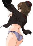  back black_jacket breasts brown_eyes brown_hair butt_crack commentary_request cowboy_shot dressing garrison_cap german girls_und_panzer hat jacket kuromorimine_military_uniform large_breasts long_sleeves looking_at_viewer military military_uniform nishizumi_maho no_bra panties purple_panties ranguage short_hair side-tie_panties simple_background solo teoshiguruma translated underboob underwear uniform white_background 