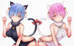  :3 animal_ears aran_sweater ass backless_dress backless_outfit bangs bare_shoulders bell black_dress black_sweater blue_eyes blue_hair blunt_bangs bow breasts cat_ears cat_tail closed_mouth collarbone dress hair_bell hair_ornament hair_over_one_eye hair_ribbon halterneck hand_up highres jingle_bell kemonomimi_mode large_breasts looking_at_viewer medium_breasts meme_attire milktower multiple_girls naked_sweater no_bra no_panties paw_pose pink_eyes pink_hair pink_lips ram_(re:zero) re:zero_kara_hajimeru_isekai_seikatsu red_bow red_ribbon rem_(re:zero) ribbed_sweater ribbon short_hair siblings sideboob simple_background sisters sleeveless sleeveless_turtleneck smile sweater sweater_dress tail tail_bow turtleneck turtleneck_sweater twins virgin_killer_sweater white_background white_dress white_sweater x_hair_ornament 