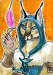  ambiguous_gender anthro caracal cat_toy clothed clothing feline fur furgonomics hoodie humor inner_ear_fluff mammal multicolored_fur pawpads solo traditional_media_(artwork) yuramec 