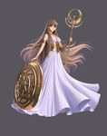  3d absurdres armlet athena_(saint_seiya) blue_eyes brown_hair closed_mouth dress full_body grey_background head_tilt highres holding holding_staff long_hair looking_away saint_seiya shield simple_background sleeveless sleeveless_dress solo staff very_long_hair white_dress znz 