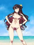  alternate_costume ass_visible_through_thighs beach bikini black_hair breasts brown_eyes cameltoe cleavage cloud cloudy_sky commentary_request day groin hair_ribbon hands_on_hips horizon kantai_collection long_hair looking_at_viewer medium_breasts multicolored_hair naganami_(kantai_collection) navel ocean outdoors purple_hair ribbon sameha_ikuya side-tie_bikini sky smile solo swimsuit two-tone_hair 