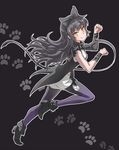  animal_print black_hair blake_belladonna bow cat_paws cat_print gambol_shroud hair_bow highres iesupa long_hair pantyhose paw_pose paws rwby smile solo weapon yellow_eyes 