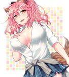  animal_ears aoi_chimaki blush breasts center_opening clothes_around_waist commentary_request covered_nipples fate/extra fate_(series) fox_ears fox_tail from_below large_breasts looking_at_viewer looking_down miniskirt open_clothes open_shirt partially_unbuttoned pink_hair self_fondle shirt short_hair skirt sleeves_folded_up solo sweater_around_waist tail tamamo_(fate)_(all) tamamo_no_mae_(fate) white_shirt yellow_eyes 