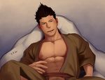  1boy abs blush brown_eyes brown_hair itto_(mentaiko) looking_at_viewer male_focus msucle nipples pillow pubic_hair robe sangokushi_puzzle_taisen sitting smile solo solo_focus sun_quan 