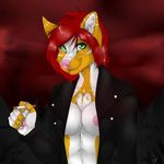  anthro breasts canine cigarette clothed clothing female looking_at_viewer mammal manikanika nipples open_shirt smile solo 
