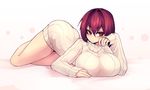  :/ alternate_costume breasts eyebrows_visible_through_hair fate/grand_order fate_(series) full_body hair_between_eyes highres large_breasts looking_at_viewer lying no_pants red_eyes red_hair ribbed_sweater scathach_(fate)_(all) scathach_(fate/grand_order) simple_background solo sub-res sweater thighs turtleneck white_background 