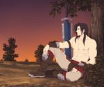  1boy abs against_tree bara black_hair male_focus muscle nature outdoors sitting solo tree weapon 