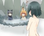  3girls amai_nekuta animal_ears black_bow black_hair black_neckwear blonde_hair bow bowtie collar commentary covering fox_ears from_behind holding holding_towel kaban_(kemono_friends) kemono_friends long_hair multiple_girls nude_cover onsen partially_submerged serval_(kemono_friends) serval_ears short_hair shoulder_blades silver_fox_(kemono_friends) sweatdrop towel white_towel yellow_eyes you're_doing_it_wrong 