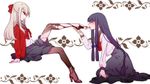  2girls arm_support blonde_hair blue_hair blush braid eyes_closed feet foot_hold foot_licking foot_worship hair_bow hair_ribbon hands_on_feet hime_cut holding_another&#039;s_foot kneeling long_hair multiple_girls no_shoes pantyhose shoes_removed single_shoe sitting toes torn_pantyhose yellow_eyes 
