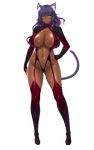  animal_ears aoi_nagisa_(metalder) areola_slip areolae ass_visible_through_thighs blush breasts cat_ears cat_tail covered_nipples dark_skin delva_celebrian fingerless_gloves full_body furrowed_eyebrows gloves hand_on_hip highres huge_breasts navel official_art purple_hair shiny solo tail transparent_background yellow_eyes youkoso!_sukebe_elf_no_mori_e 