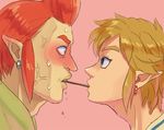  2boys blonde_hair blush food groose link male_focus multiple_boys pocky red_hair sweat the_legend_of_zelda yaoi 