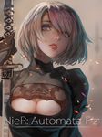  artist_name black_dress blue_eyes breasts brown_gloves cleavage cleavage_cutout collarbone copyright_name dress eyelashes f.z gloves hand_up head_tilt highres holding holding_sword holding_weapon juliet_sleeves katana large_breasts lips long_sleeves looking_away medium_breasts mole mole_under_mouth nier_(series) nier_automata no_blindfold nose nostrils parted_lips pink_lips puffy_sleeves short_hair silver_hair solo sword teeth turtleneck upper_body vambraces weapon yorha_no._2_type_b 