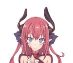  :&gt; akino_sora bad_id bad_twitter_id bangs blue_eyes blush closed_mouth colored_eyelashes curled_horns elizabeth_bathory_(fate) elizabeth_bathory_(fate)_(all) eyebrows_visible_through_hair face fate/extra fate/extra_ccc fate_(series) finger_to_cheek hair_ribbon horns long_hair pointy_ears purple_ribbon red_hair ribbon simple_background smile solo upper_body white_background 