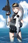  1girl :d absurdres animal animal_hug aps_rifle assault_rifle bangs black_gloves blue_sky brown_eyes character_name cloud cloudy_sky day diving_mask diving_mask_on_head eyebrows_visible_through_hair fang fingerless_gloves girls_frontline gloves grey_hair gun hair_between_eyes hand_up highres holding holding_gun holding_weapon horizon looking_at_viewer ndtwofives ocean one_side_up open_mouth original outdoors rifle shark short_sleeves sky smile solo standing trigger_discipline twitter_username wading water weapon wet wetsuit 