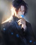  alternate_costume beads black_hair closed_eyes dark_background dress_shirt final_fantasy final_fantasy_xv flower formal ginmu jewelry male_focus necktie noctis_lucis_caelum older ring shirt smelling_flower solo striped_suit suit upper_body 