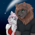  anthro breasts canine clothed clothing duo feline female fur hair lion male male/female mammal manikanika night_sky smile 
