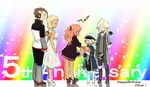  3boys anniversary bandage_over_one_eye bandages barefoot big_al bird blonde_hair bouquet brown_hair character_name company_connection cubi_(vocaloid) dark_skin dress earrings fingerless_gloves flower gloves half_updo happy_birthday hat high_heels highres jacket james_(vocaloid) jewelry long_hair mizuhoshi_taichi multiple_boys multiple_girls necklace oliver_(vocaloid) pink_hair ruby_(vocaloid) sailor_hat shoes short_hair smile sneakers stitches sweet_ann vocaloid white_dress yohioloid |_| 