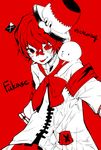  :p bandaid bandaid_on_nose character_name coat flag fukase hat head_flag headset looking_at_viewer male_focus mizuhoshi_taichi monochrome on_shoulder point_(vocaloid) red_background red_eyes simple_background smile tongue tongue_out top_hat upper_body veins vocaloid 