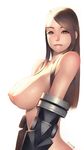  2015 alien1452 breasts brown_eyes brown_hair dated eyelashes from_side gauntlets highres large_breasts lips long_hair looking_at_viewer nipples nude original simple_background solo straight_hair white_background 