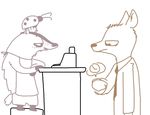  anthro apron badger canine cash_register clothed clothing counter coyote disney don_(weaver) duo fan_character half-closed_eyes hat male mammal mustelid necktie pack_street t_rex_(weaver) the_weaver watch zootopia 