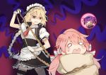  3girls =_= angry apron arm_up blonde_hair blue_eyes breasts carcano_m91/38_(girls_frontline) chibi commentary_request doughnut eating food g36_(girls_frontline) girls_frontline gloves heart long_braid long_hair low_twintails m1891_(girls_frontline) maid_headdress multiple_girls necktie open_mouth pink_hair popcorn purple_hair rope shaded_face shuzi tears twintails white_gloves younger 