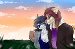  anthro canine clothed clothing duo female fur hair hug male mammal manikanika outside smile standing 