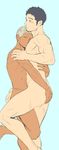  2boys bara black_hair blush hugging itto_(mentaiko) looking_at_viewer multiple_boys muscle nude silver_hair size_difference tagme yaoi 