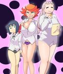 3girls amanda_o&#039;neill blue_hair braid breasts character_request cleavage eating eyes_closed green_eyes grin huge_breasts lavender_hair little_witch_academia long_hair multiple_girls orange_hair panties short_hair smile standing tagme 