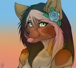  2016 anthro black_hair blue_eyes breasts brown_fur bust_portrait canine female flower fur green_eyes hair heterochromia icon looking_at_viewer mammal manikanika nude pink_hair plant portrait raella_(tluuvyen) smile solo tongue tongue_out 