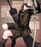  akira_(aky-la) blindfold buckle choker commentary expressionless gloves highres invisible_chair lips male_focus nier_(series) nier_automata pale_skin patterned_clothing shoes shorts sitting solo sword text_focus weapon white_hair yorha_no._9_type_s 