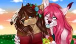  anthro canine clothed clothing duo fangs female fur hair hug looking_at_viewer mammal manikanika smile teeth tongue tongue_out 