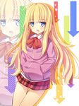  ahoge blonde_hair blue_eyes contrapposto cowboy_shot directional_arrow drop_shadow gabriel_dropout hands_in_pockets highres jacket jitome liya long_hair long_sleeves looking_at_viewer open_mouth plaid plaid_skirt red_ribbon ribbon shadow skirt solo standing tenma_gabriel_white very_long_hair white_background zoom_layer 