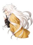  black_gloves commentary_request fang fox_boy fox_shadow_puppet from_side gloves hand_up highres hokora_(n70) japanese_clothes kogitsunemaru looking_at_viewer male_focus open_mouth partly_fingerless_gloves profile red_eyes smile solo tassel touken_ranbu white_hair 