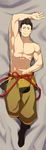  abs adonis_belt armor armpits bed_sheet brown_hair dakimakura full_body hand_in_pants highres itto_(mentaiko) japanese_armor japanese_clothes male_focus muscle navel on_bed sengoku_basara shirtless smile solo tokugawa_ieyasu_(sengoku_basara) 