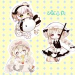  blonde_hair bow braid broom chibi eating fal_(mahoiku) food hat highres kyun_(vacaloid) long_hair mahou_shoujo_ikusei_keikaku mahou_shoujo_ikusei_keikaku_limited mahou_shoujo_ikusei_keikaku_restart maid maid_cap mob_cap mop multiple_girls nokko-chan pink_hair red_eyes short_hair snow_white_(mahoiku) sonia_bean tempura twin_braids twintails yellow_background yellow_eyes 