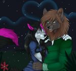  anthro beard canine clothed clothing duo eyes_closed facial_hair female fur hair hug male male/female mammal manikanika smile standing 