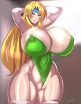 1girl areola_slip areolae arms_behind_head arms_up blonde_hair blue_eyes breasts celes_chere cleavage curvy final_fantasy_vi gigantic_breasts hairband headband long_hair parted_lips smile solo wide_hips zetarok 