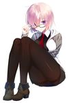  adjusting_eyewear breasts fate/grand_order fate_(series) glasses highres holding holding_eyewear large_breasts mash_kyrielight necktie pantyhose purple_eyes purple_hair solo yoruneko 