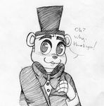  2015 :3 animatronic anthro bear black_and_white blush bow_tie dialogue english_text five_nights_at_freddy&#039;s freddy_(fnaf) hat inkyfrog looking_at_viewer machine male mammal monochrome robot simple_background smile solo talking_to_viewer text top_hat traditional_media_(artwork) video_games white_background 