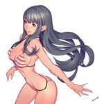  2016 alien1452 arched_back bangs bikini black_hair breasts covered_nipples dated highres long_hair looking_at_viewer medium_breasts red_eyes simple_background smile solo strap_gap striped striped_bikini swimsuit very_long_hair white_background 