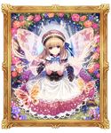  blonde_hair blue_ribbon bug butterfly capelet day dress fairy fairy_wings flower flower_request frame fur-trimmed_capelet fur_trim glowing grass hair_between_eyes hat insect layered_dress light_particles light_trail long_hair looking_at_viewer mimero_(mi_meronpan) open_hands original outdoors pointy_ears purple_eyes ribbon signature sitting smile solo tree underbust wariza wings 