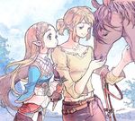  1girl artist_request blonde_hair blue_eyes carrot food forest horse link long_hair long_sleeves nature navel open_mouth pointy_ears ponytail princess_zelda smile the_legend_of_zelda the_legend_of_zelda:_breath_of_the_wild 