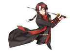  brown_hair commentary_request cropped_legs earrings gold_trim highres hokora_(n70) jewelry kashuu_kiyomitsu katana male_focus mole mole_under_mouth nail_polish ponytail red_eyes red_nails scarf solo sword touken_ranbu weapon 