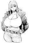  belt breasts cleavage cropped_legs denim freckles greyscale hands_on_hips highres huge_breasts jacket jeans light_smile long_hair monochrome open_clothes open_jacket original pants simple_background sketch smile solo synecdoche white_background 