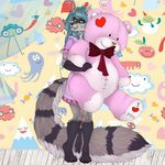  ambiguous_gender anthro clothed clothing girly looking_at_viewer mammal manikanika raccoon smile solo standing teddy_bear tongue tongue_out 